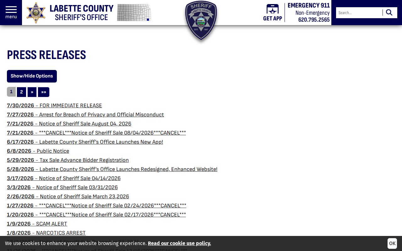 Labette County arrest news sheriff press release archive