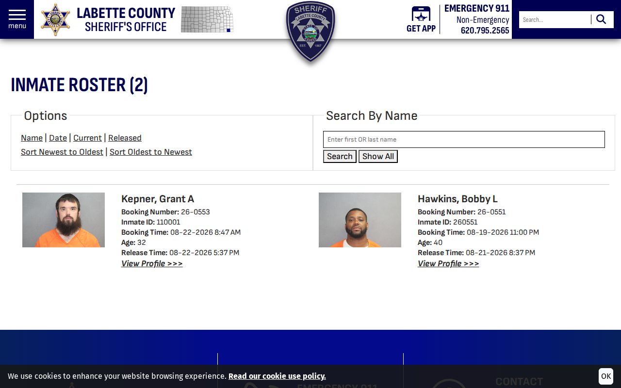 Labette County 48-hour jail release booking feed