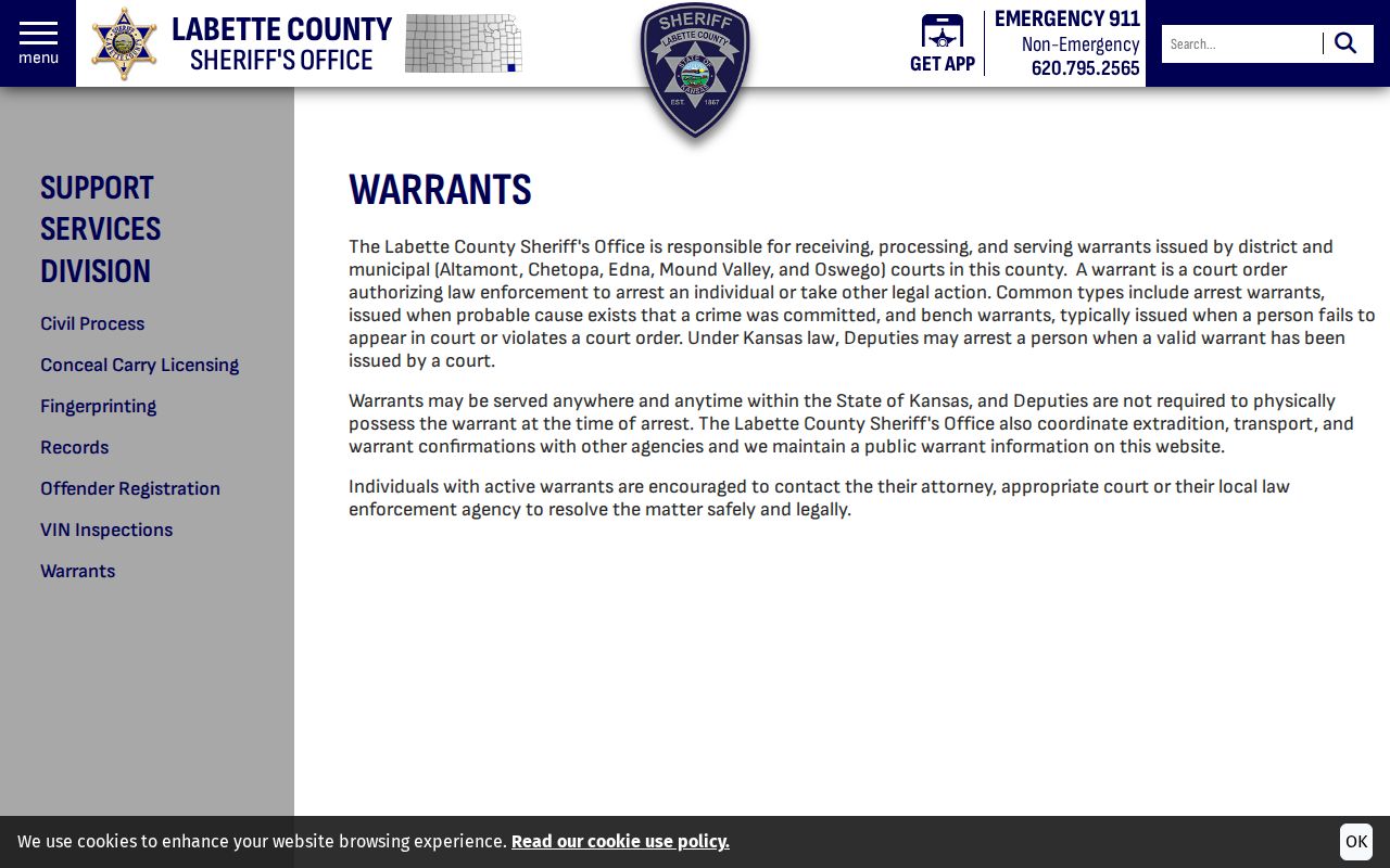 Labette County warrant check policy and procedure
