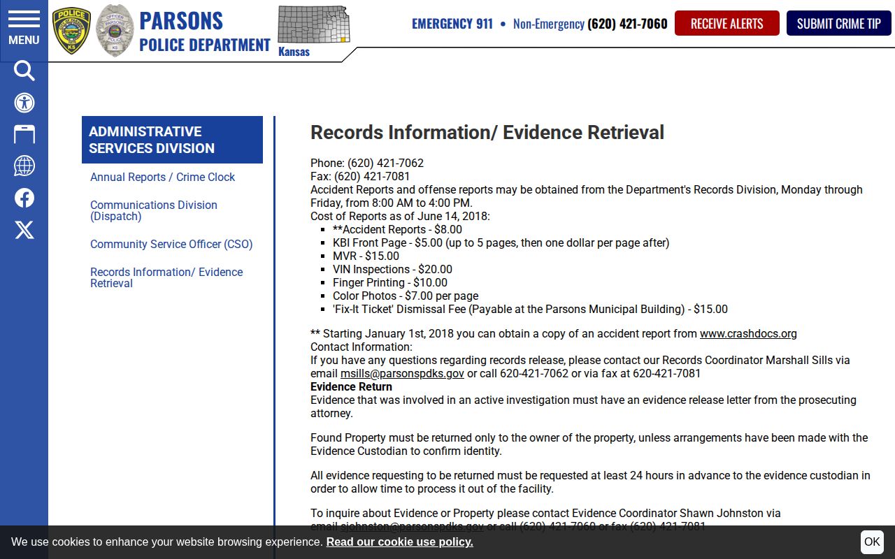 Parsons Police records and evidence page